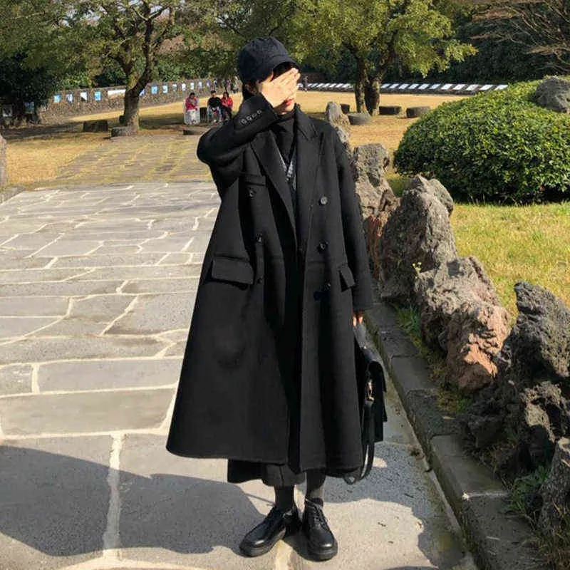 Hepburn Style معطف الصوف الأسود للنساء الشتاء النسخة الكورية من الطالبة الأوسط فضفاضة طالب سميكة طول الركبة الصوف 211118