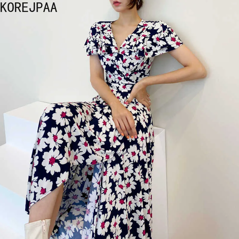 Korejpaa Kadınlar Elbise Yaz Kore Chic Kadın Batı Tarzı V Yaka Çapraz Ruffled Yan Dantel Çiçek Vestidos 210526