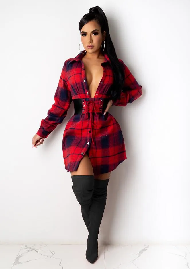 2021 Vår New European And American Women's Shirt Casual Mid-Length Waist Plaid Shirt Kjol + Waist Seal Gratis frakt