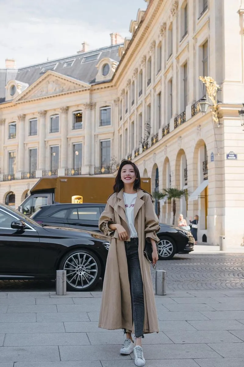 Women s Trench Coats Solid Color Loose Casual Style Mid length And Ankle Skirt Swing Coat