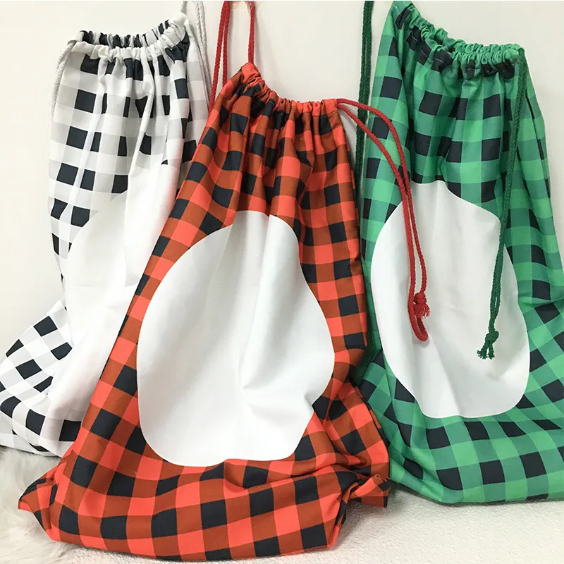 Sublimering Plaid Julväska Polyester Drawstring Santa Sack Xmas Tree Decoration Festival Party Presentförvaringspåsar