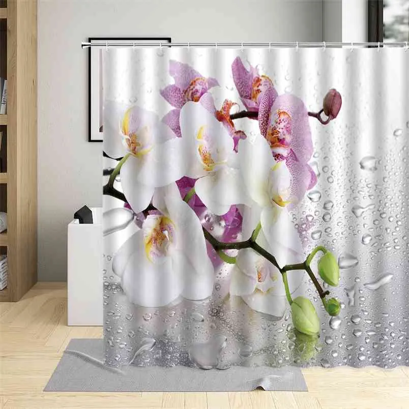 Orquídea branca Phalaenopsis Flor Flower Curtain Elegante Arte Decoração Banheiro Comproof Tela Tela Telas Com Ganchos 210915