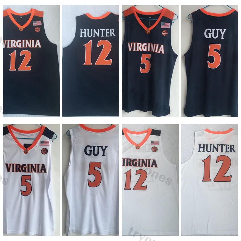 Mens NCAA Virginia Cavaliers College Basketball Jerseys 5 Kyle Guy 12 De Andre Hunter Stitched Shirts Blue White Jersey S XXL