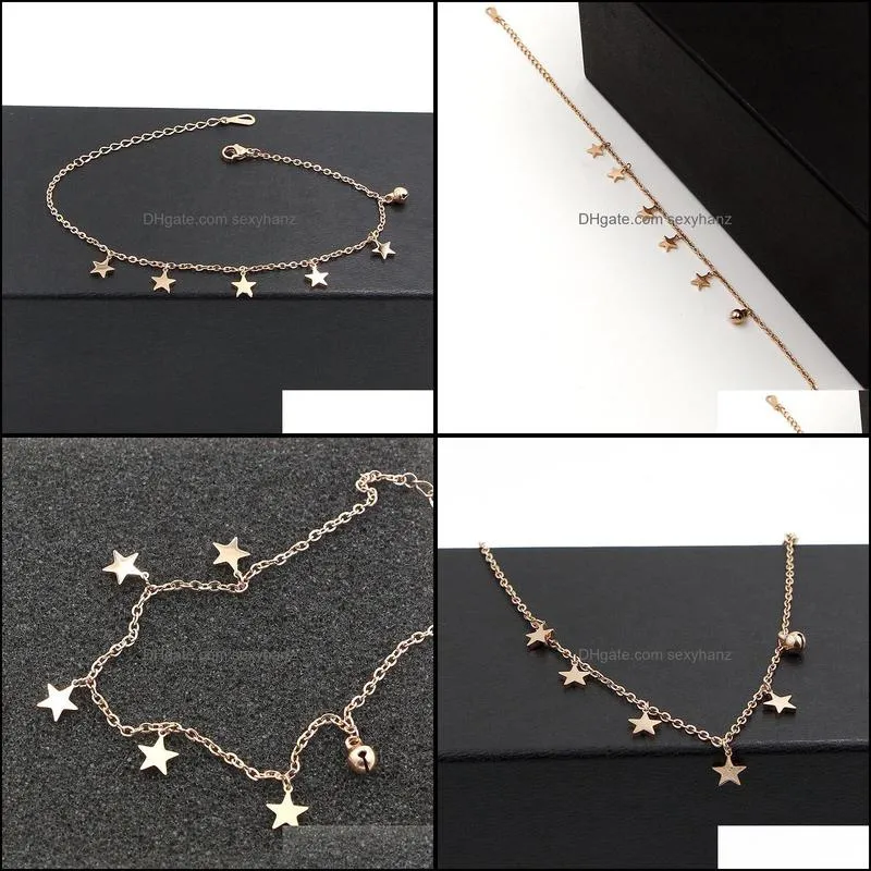 Beautiful Rose Gold Color 5 Pentagram And Bell Anklet For Women Stainless Steel Anklet Jewelry Length 20cm + 5cm