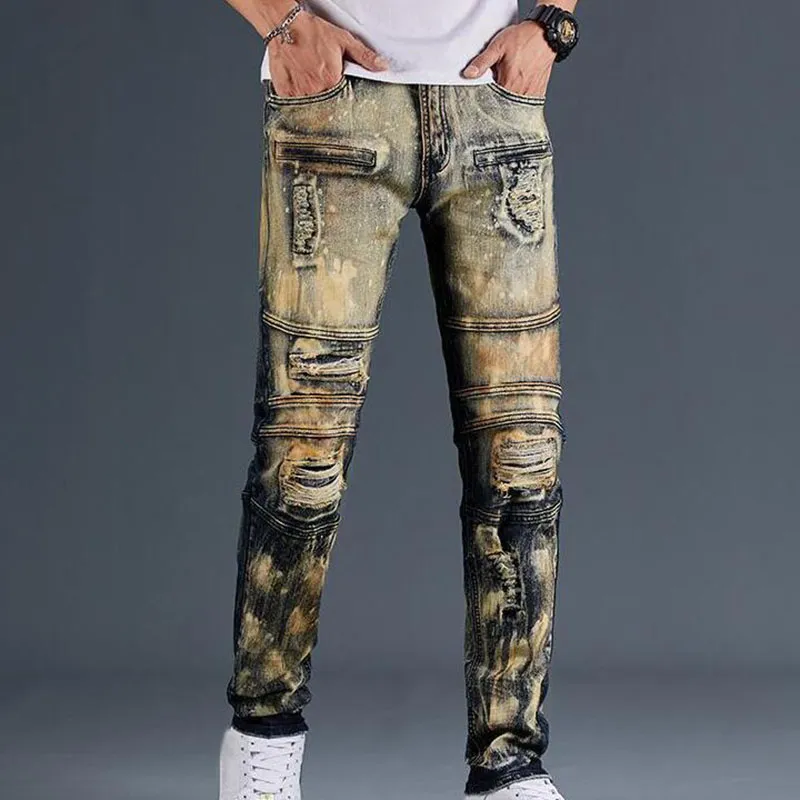 Mens Designer Jeans Distressed Ripped Biker Slim Fit Motorcykel Denim för män Fashion Man Byxor