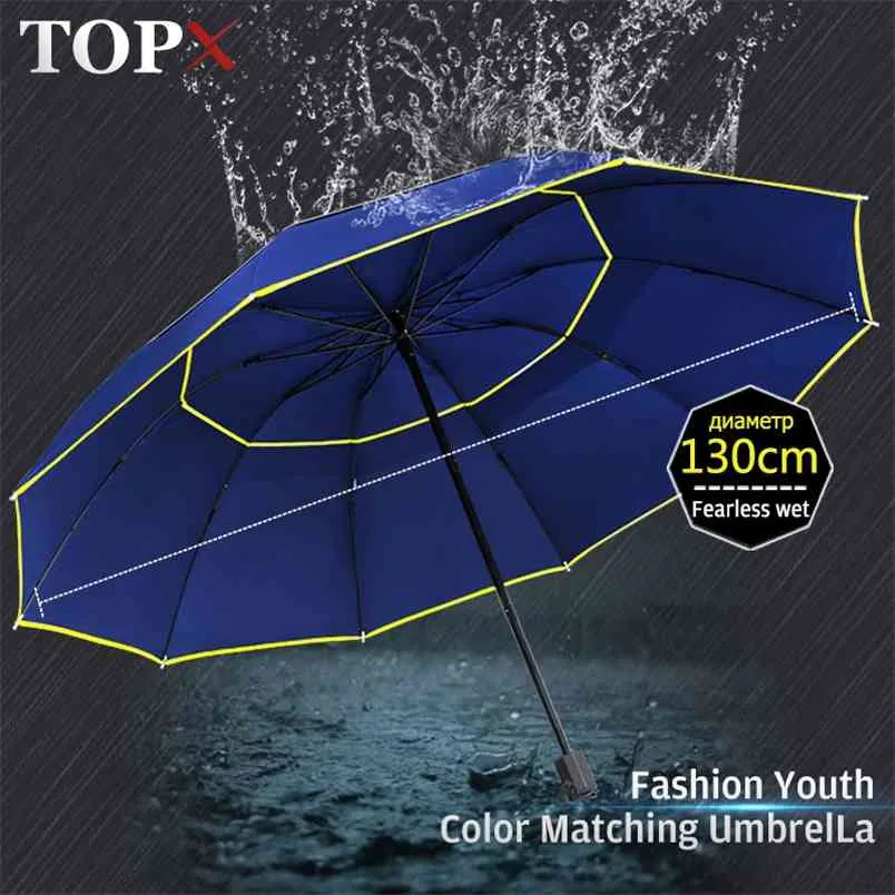 130cm 더블 레이 레이 우산 비 여성 3 폴딩 강한 방풍 대형 남성 품질 블랙 코팅 10K 휴대용 S 210721