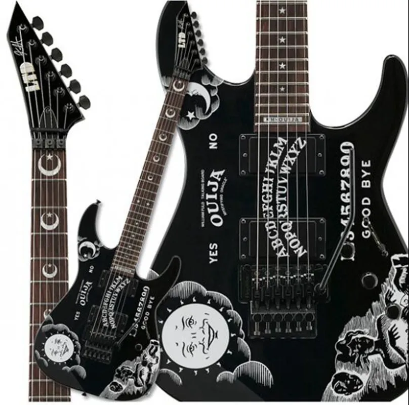 Frete Grátis KH-2 2009 Ouija Kirk Hammett Signature Black Electric Guitar Reverse Headstock, Floyd Rose Tremolo, Black hardware