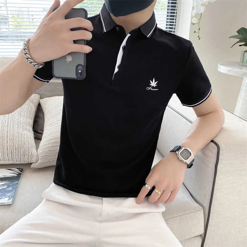 Été Shorts Manches Polos Hommes Broderie Casual Slim Fit POLO Chemises Haute Qualité Affaires Social Revers Tee Tops 210527