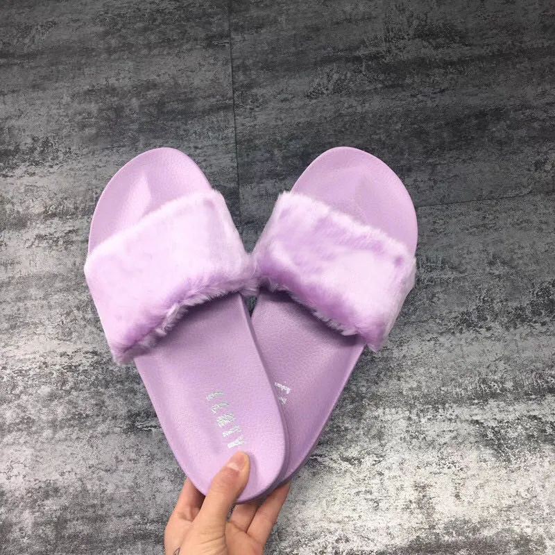 Rihanna Leadcat Fenty Slipper Faux Fur Burgundy Slide Slippers Ladies Indoor Purple Pink Grey Sandals