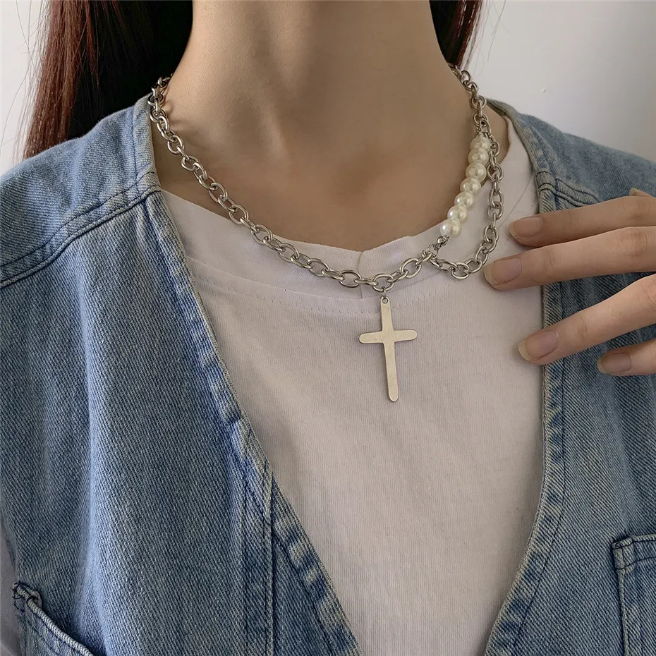 Hip Hop Titanium Steel Silver Color Cross Pendant Necklace for Women Statement Imitation Pearl Chain Grunge Jewelry New