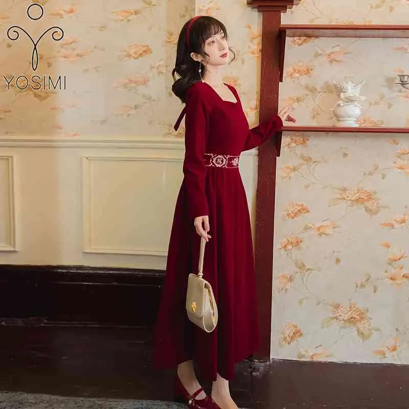 YOSIMI Long Dress for Women Red Square Collar Full Sleeve Fit and Flare Autumn Winter Embroidery Party Dresses 210604