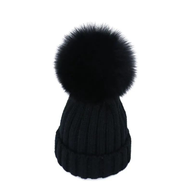 Mom Kids Winter Knited Hat with Real Fur Luxury Adult Children Snow Wear Warm Hats High Quality 211023