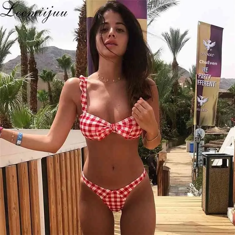 Leemiijuu Yay-Düğüm Ekose Bikini Brezilyalı Seksi Bikini Seti Push Up Biquini Yüzme Suit Halter Mayo Kadınlar Mayo Bathers 210621