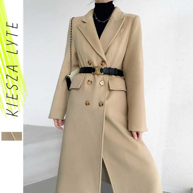Fashion Women Wool Jackets Warm Korean Style Office Lady Elegant Khaki Long Coat Outerwear 210608
