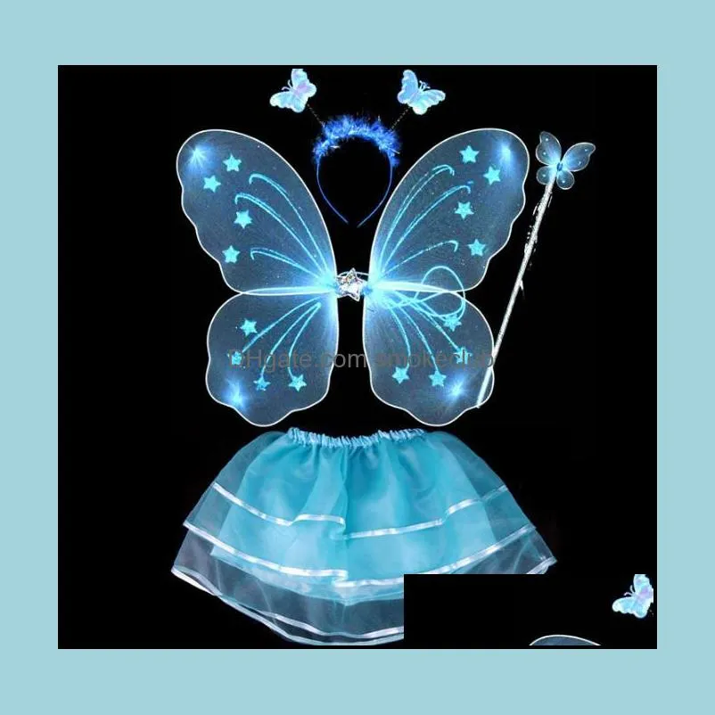 4Pcs Fairy Princess Kids Costume Set Butterfly Wings Wand Headband Tutu Skirt Children Stage Wear Girls Party Halloween Costumes
