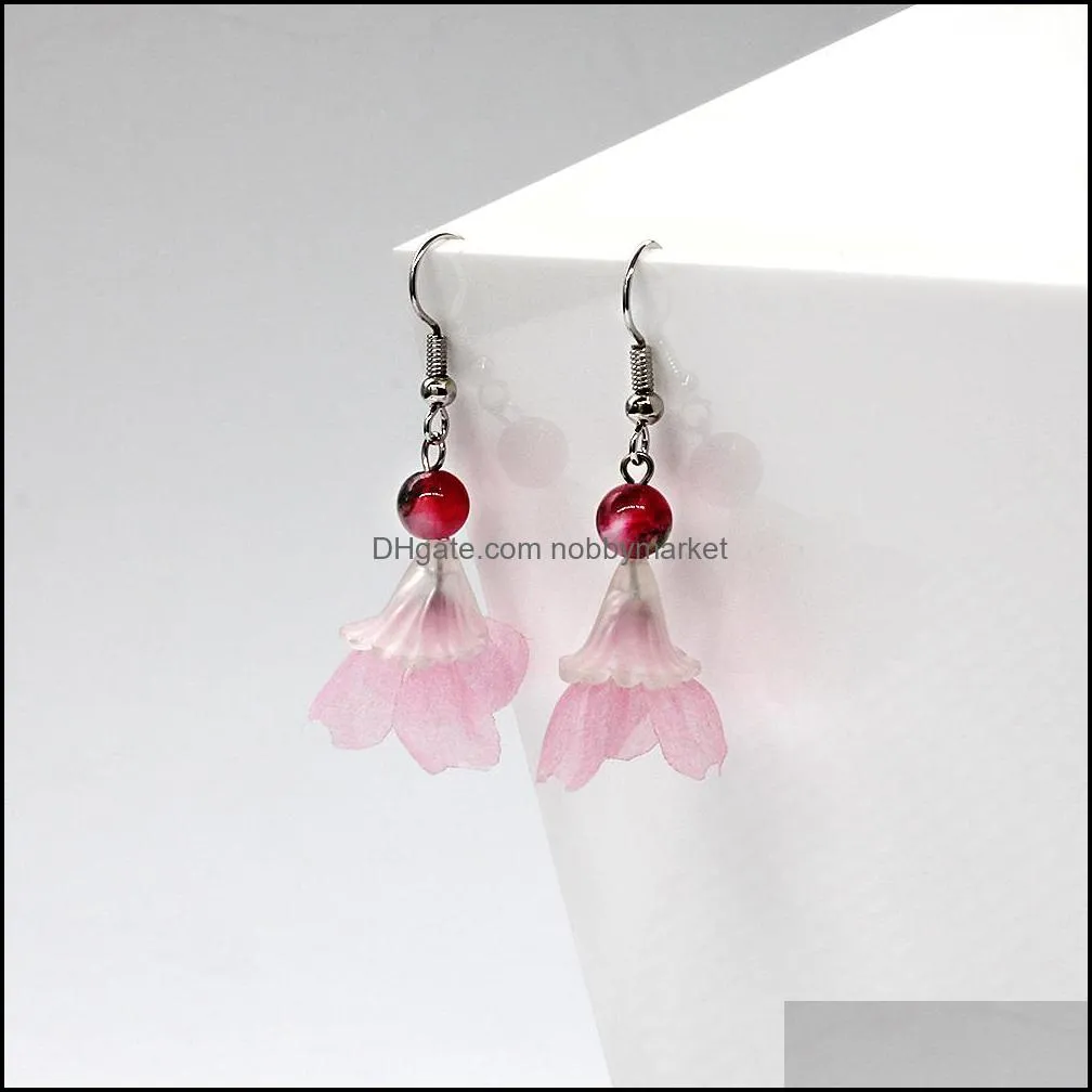 Semi-precious Stone Small Pink Flower Drop Earrings for Women Bohemian Boho Korean Fashion Jewelry Pendientes Wholesale