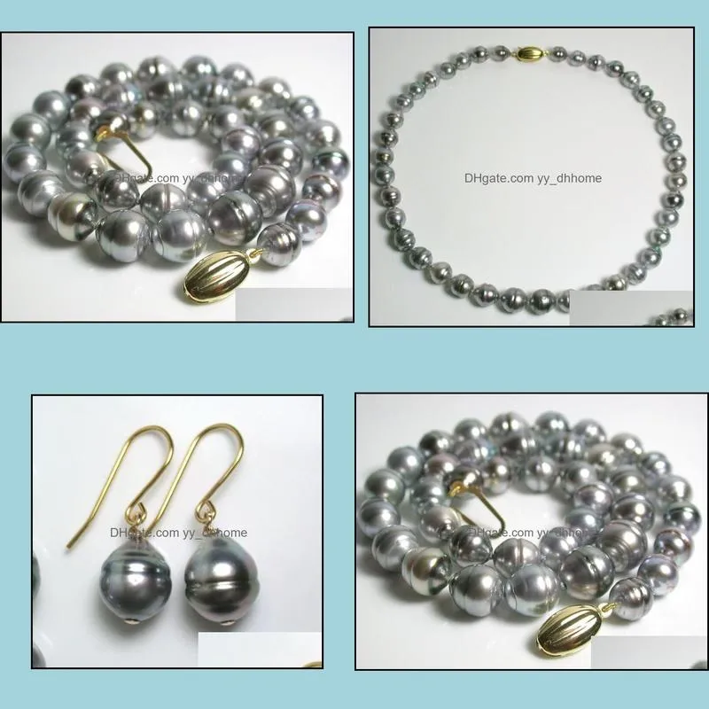 8-10mm Grey Natural Pearl Beaded Necklace+Earrings 14k Gold Clasp Women`s Gift Jewelry