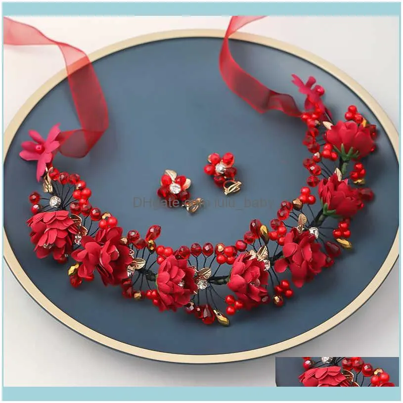 Red Pearl Crystal Flower Wedding Headband Earring Sets For Women Jewelry Tiara band Wreath Bride Crown Hair Accessories