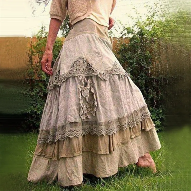 Dames plus size zomer vintage ruches oversized maxi nieuwe kant lange rokken lage taille prairie chic gevallen rok 210315