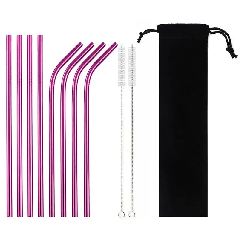 İçme Pipetler Yeniden Kullanılabilir Saman Seti 304 Paslanmaz Çelik Yüksek Kaliteli Metal Renkli Temiz Fırça Çanta Çubuğu Aksesuar