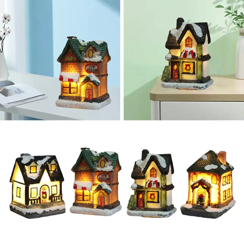 Obiekty dekoracyjne Figurki Śnieżne Domy Z Kolorowe Miga LED Light Christmas Decoration Dekoracje Dla Dzieci Kids Gift Resin Scene Village