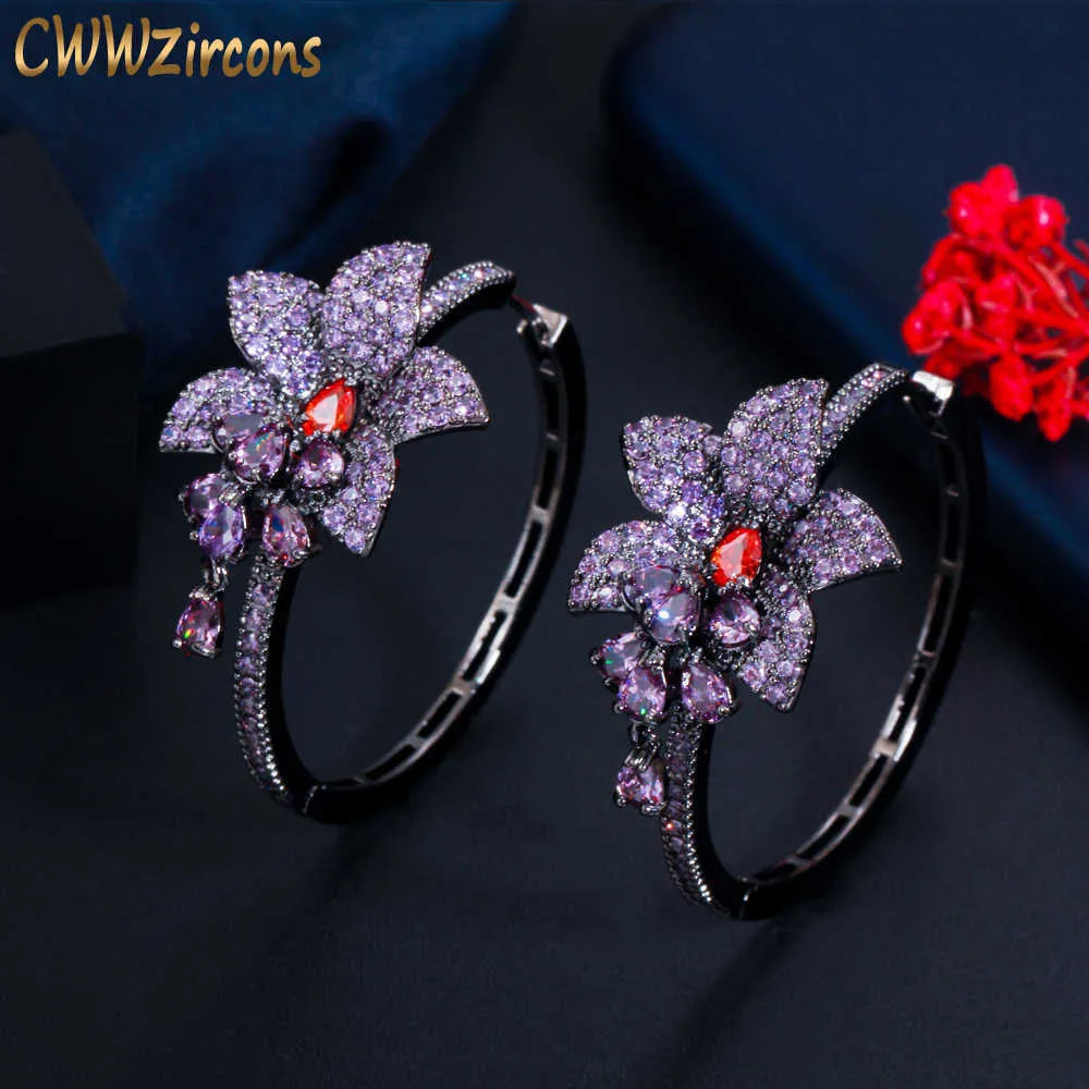 Chic Black Gold Farbe Lila Kubikzirconia Kristall Runde Große Baumeln Drop Flower Charms Hoop Ohrringe für Frauen CZ820 210714