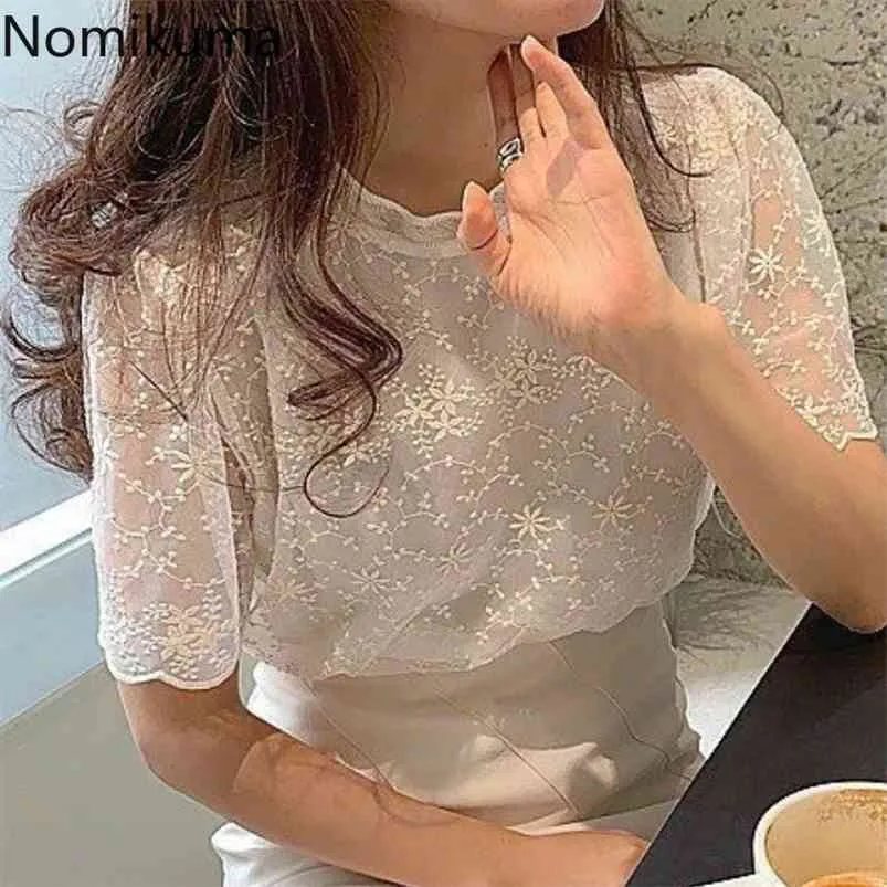 Nomikuma Elegante Top in pizzo Colletto alla coreana Manica corta Moda T-shirt 3D Flower Temperament Tee Leggermente trasparente 3a424 210623