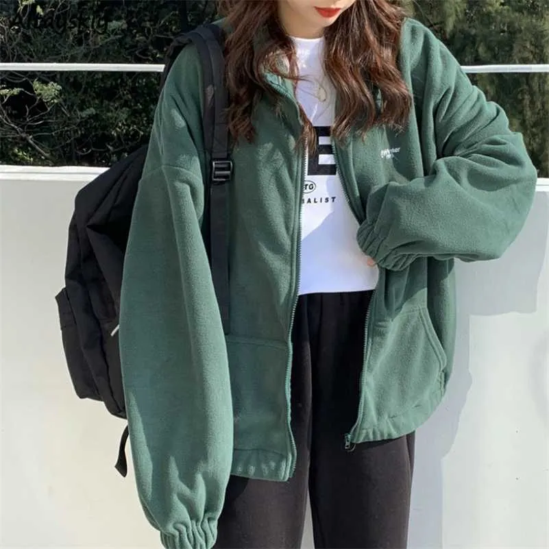 原宿パーカーフリーススウェット秋の暖かいジャケット韓国のファッションジップアップスタンド襟女性冬コートカワイイトップス211008