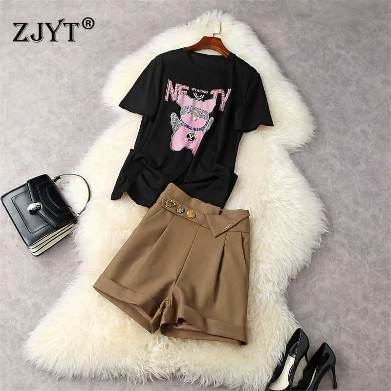 Wysokiej Jakości Kobiety Mody Runway 2 Piece Set Lato Eleganccy projektanci Frezowanie Cartoon T Shirt and Shorts Garnitury stroje 210601