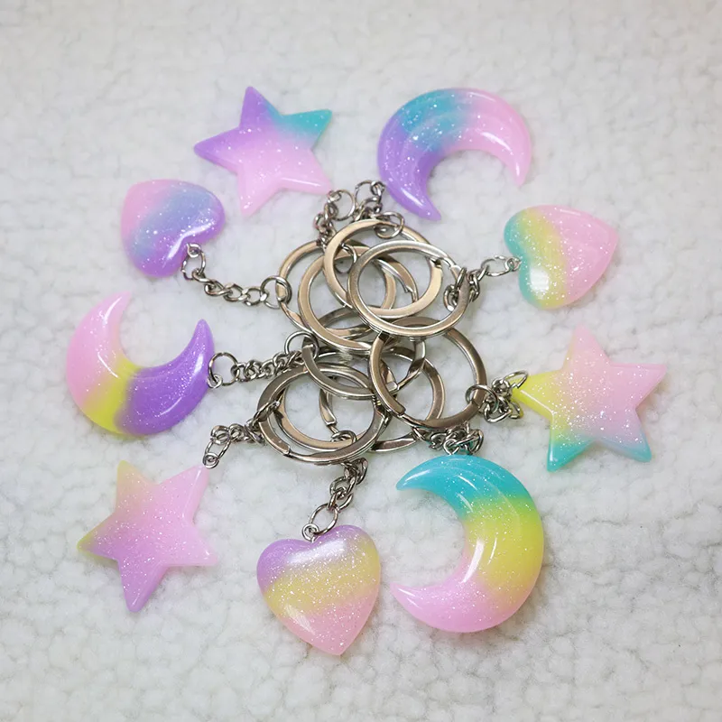Cute Gradient Colorful Heart Moon Star Keyring Resin Charms Glitter Pentagram Keychain Pendant Flatback Handmade Craft Jewelry J0306