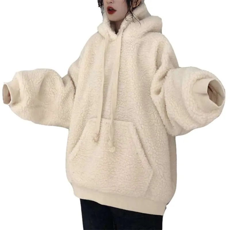 Winter Lamb Plush Warm Ladies Pullover Solid Color White Plus Velvet Thickening Casual Loose Lantern Sleeve Women Hoodie 210927