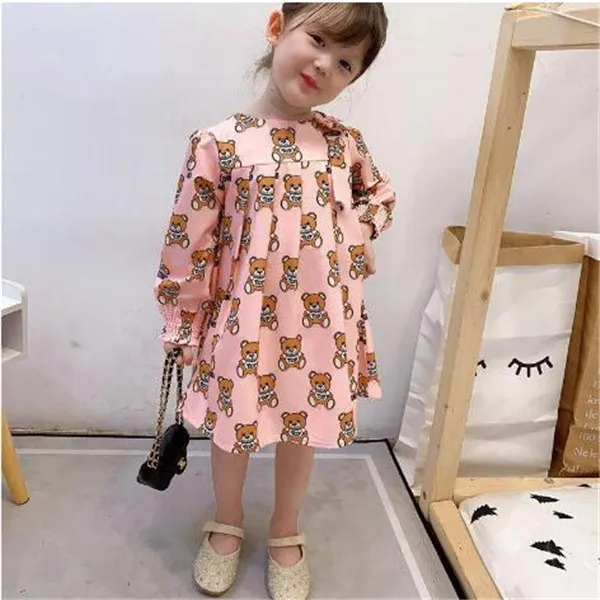 2022 Primavera Nova Moda Marca Cartoon Carta Vestido Verão Crianças Roupas de Menina Roupas de Manga Longa O-pescoço Impressão de Childen Bear Princesa Vestidos 2-10 Ano