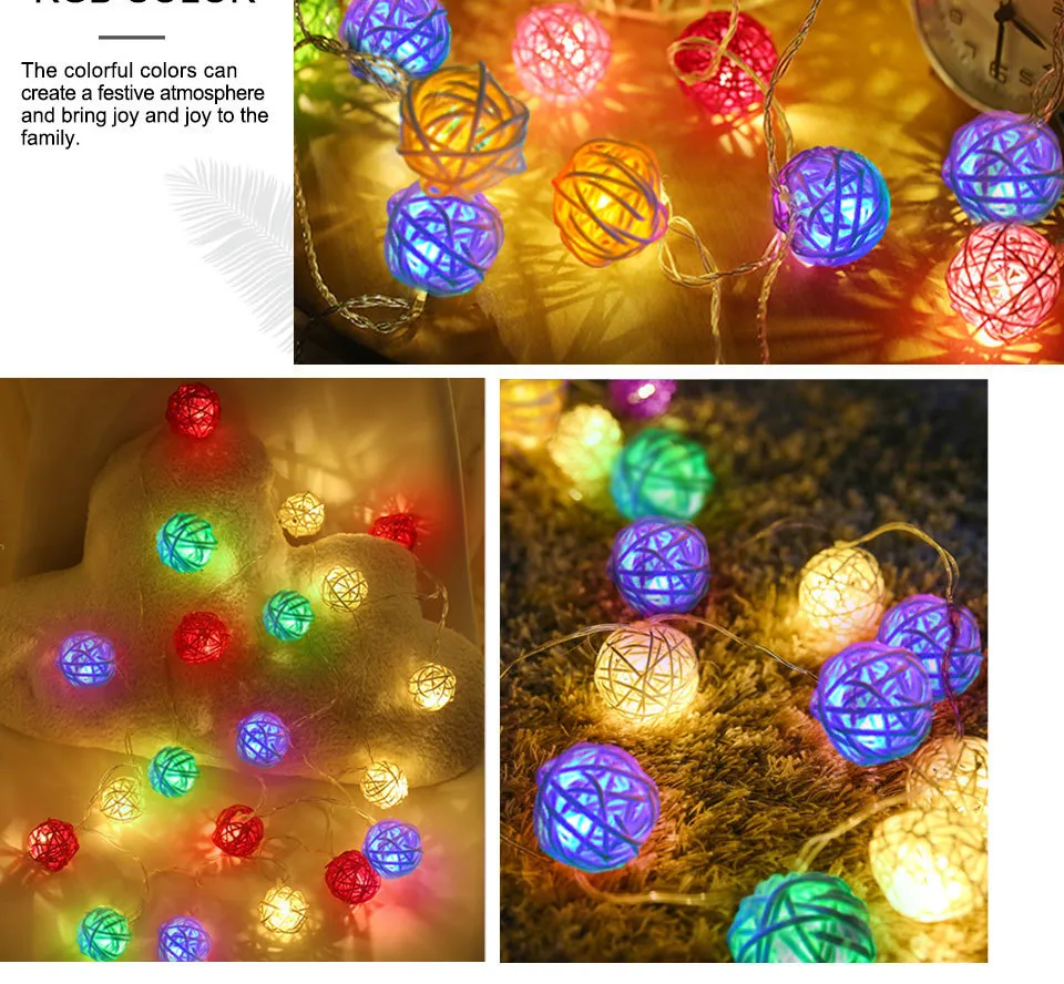  Rattan Balls LED String Lights Battery Garland Cotton Ball Light Chain Guirlande Lumineuse Holiday Christmas Lights Balls (13)