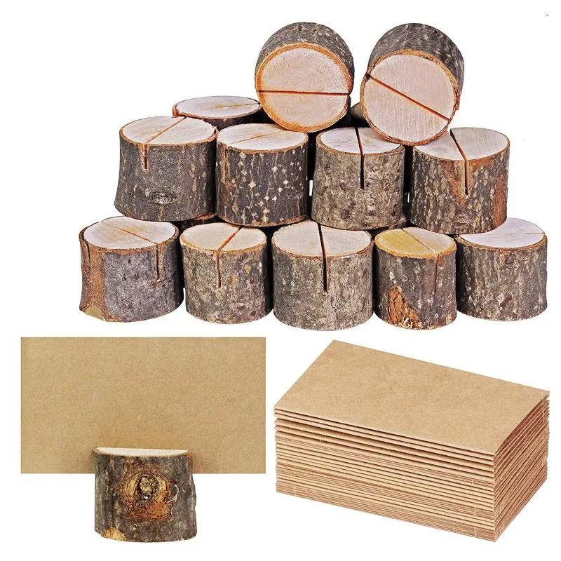 Party Dekoration 20st Träbordshållare Namn Placeringskort Stand Stump Bröllop Dekorera Sign Wood Craft Meny Clip Card Supplies