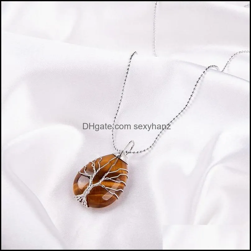 Natural Stone Chakra Necklace Tree of Life Charm Gold Silver Wire Wrapped Water Drop Shape Natural Crystal Pendant Necklace
