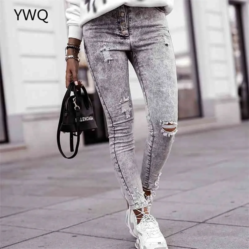 Vintage Jeans Gris Ripped Femmes Streetwear Sexy Mid Rise Esthétique Stretch Skinny Hole Denim Crayon Pantalon 210809