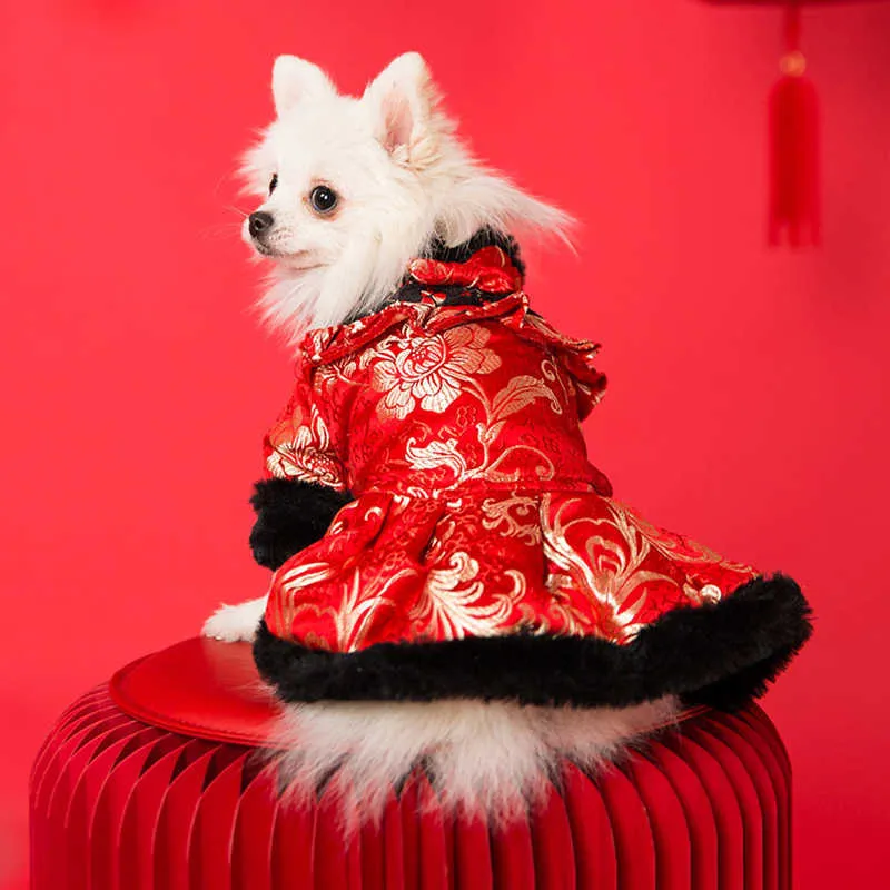 Nouvel an chinois vêtements Pet Tang Costume Cheongsam hiver en peluche broderie manteau veste printemps Festival chiens chats Costume