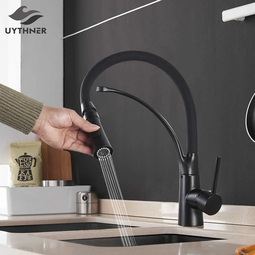 Черный кухонный кран поворотные вытягивает кухонный кран кухонные раковины водопроводной колоду и холодной воды смеситель водопроводной воды 210724
