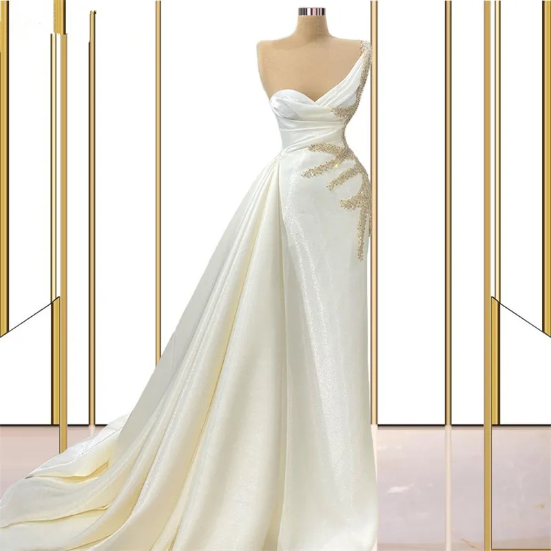 white and gold one shoulder prom dress Designer Long White One Shoulder Ruffles Split Wedding Dress With Glitter main image 0