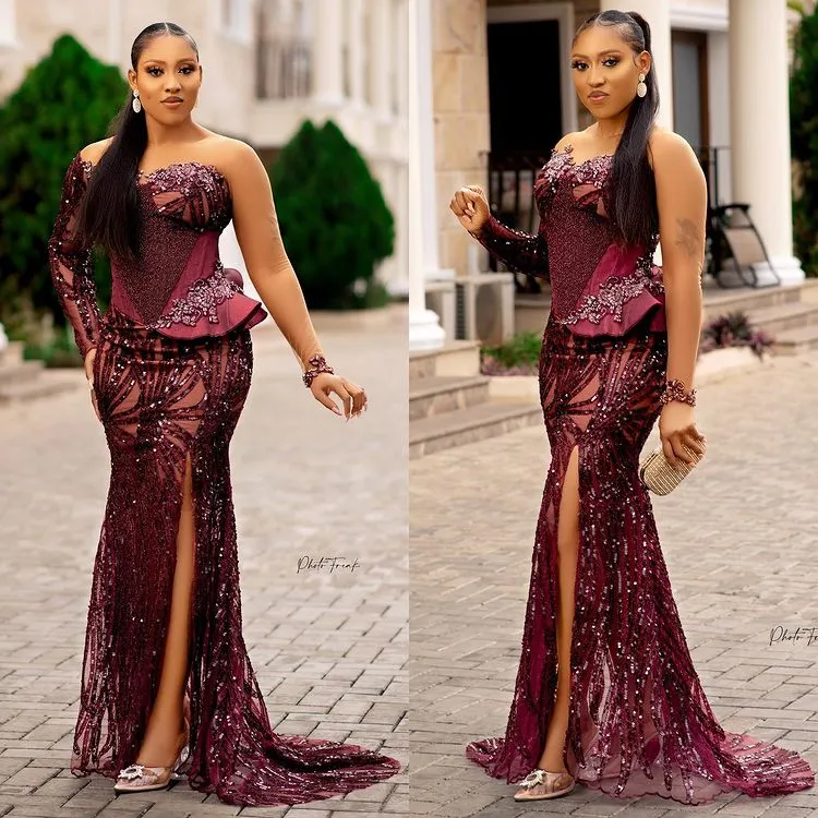 2022 Plus Size Arabic Aso Ebi Burgundy Mermaid Sexy Prom Dresses Lace ...