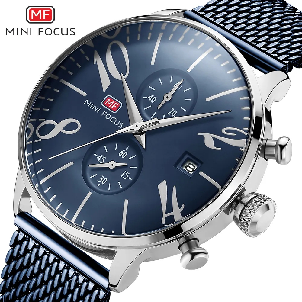 Reloj para hombre Reloj con números grandes Reloj de pulsera con banda de malla de acero inoxidable Reloj de pulsera de alta calidad Cuarzo azul