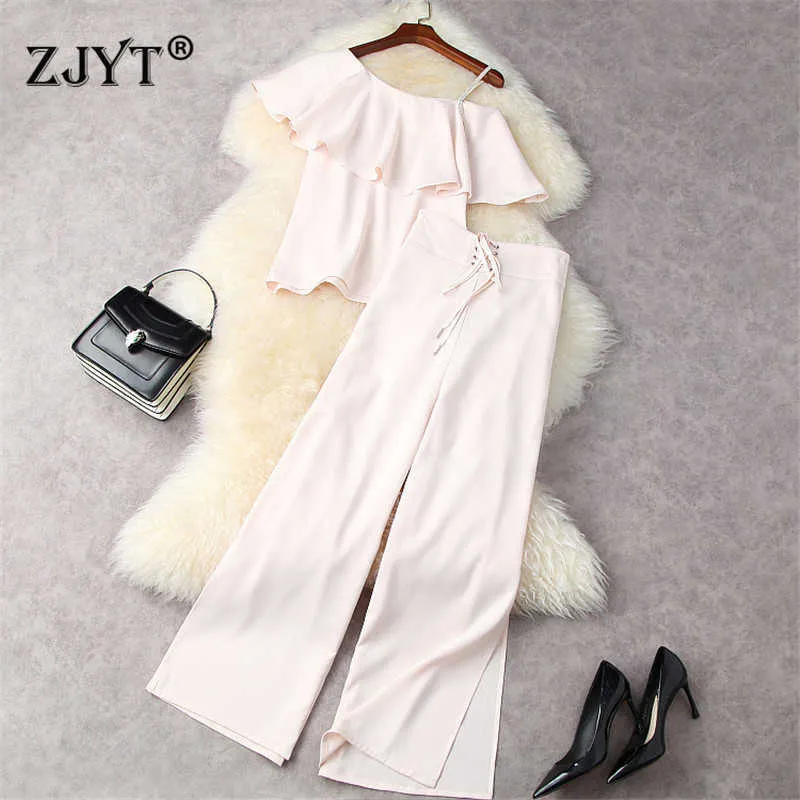 High Fashion Summer Lady Two Piece Outfits Kvinnor Ruffles Diamonds Top och Wide Leg Pants Suit Set Party TwinSet 210601