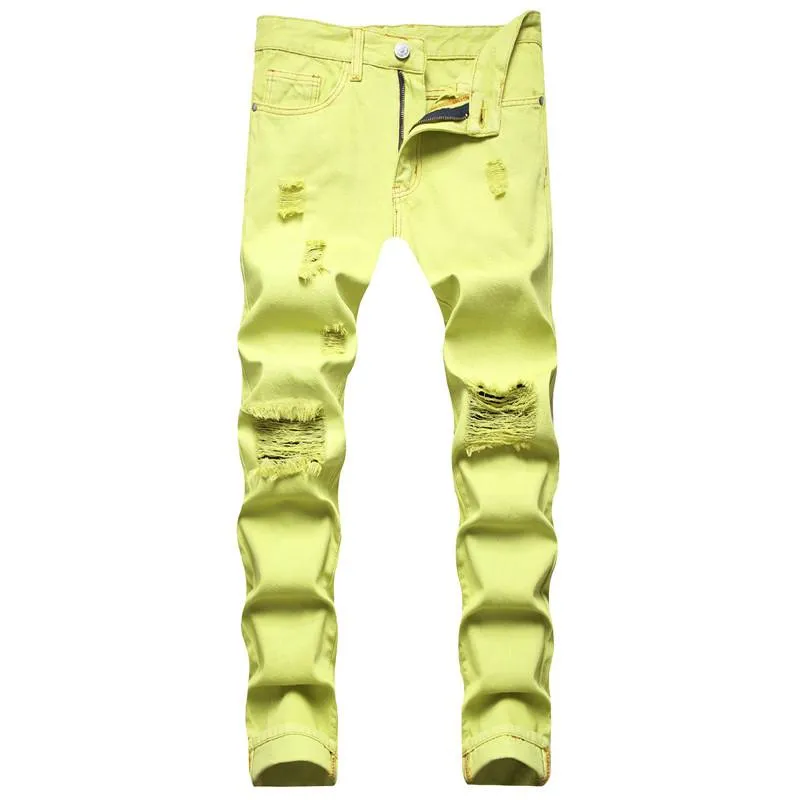 Herr jeans fancy neon färg y2k denim streetwear smala raka byxor hål rippade byxor grön gul rosa223c