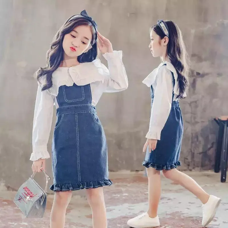 Ensemble de vetements pour enfants 2pcs robe generale en denim Blouse d automne pour filles 6 a 14 ans