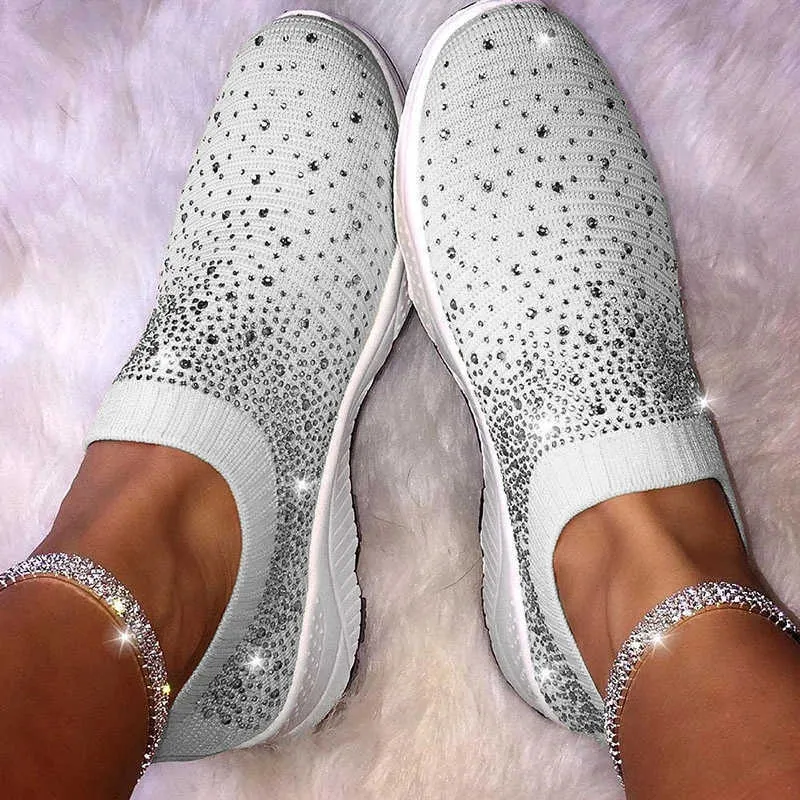 New Women Ankle Shoes Ladies Bling Flats Woman Fashion Loafers Crystal Womens Sneakers Casual Slip on Mesh Tennis Shoes H0902