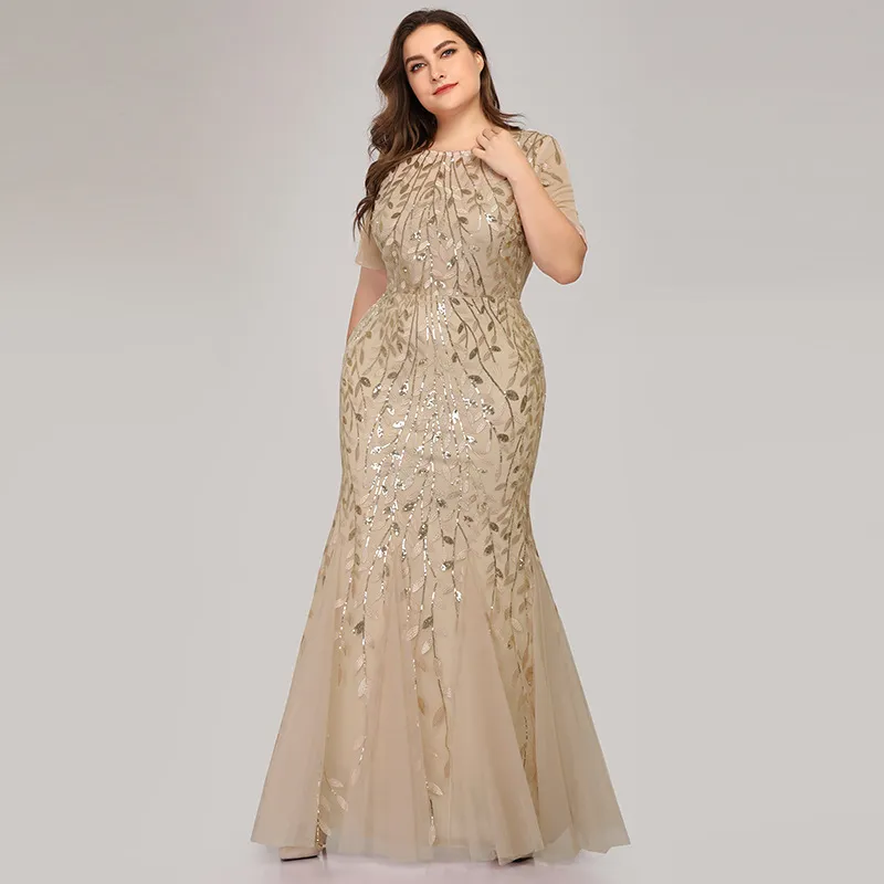 Vestido sempre vestido de tamanho grande malha de malha de lantejous folhas de noite folhas de miçanga de vestido formal Mulheres elegantes elegantes