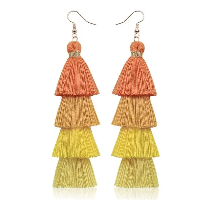 Groothandel-Hot Bohemian Fringe Lange Gradiënt Multilayer Drop Oorbellen Vrouwen Mode-sieraden Dangle Zijde Stof Etnische kwastje oorbellen Gift