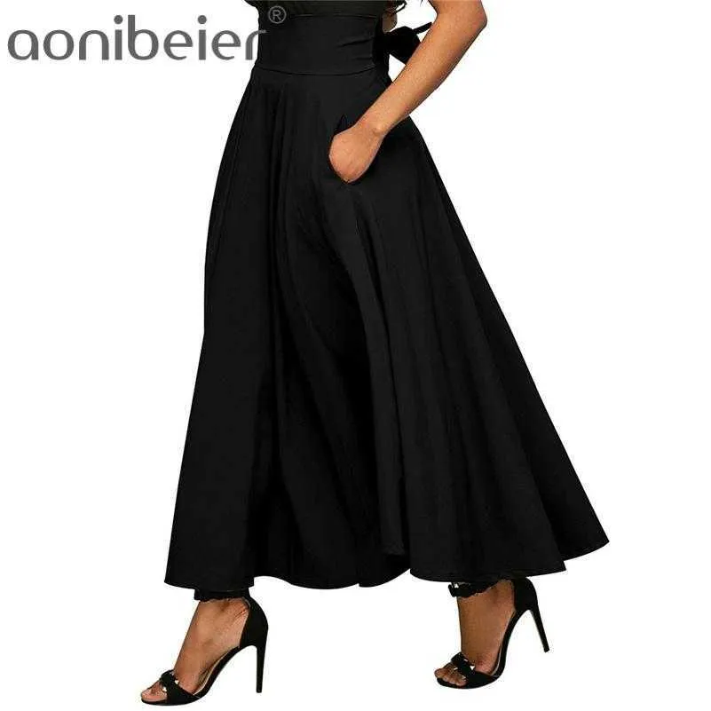 Zip-Back Wide Waistband Swing Skirts Fashion Solid Color High Waist Maxi Double Pocket Lace-Up A-Line 210604