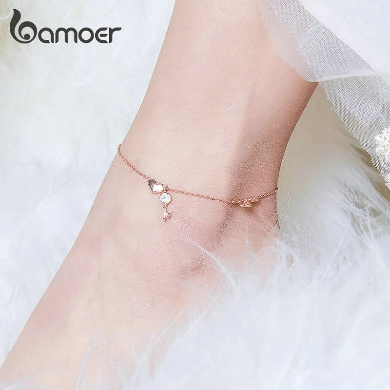 bamoer Love Key Heart Cavigliere in argento Donna Bracciali a catena color oro rosa per gioielli piede gamba Accessori femme BST001