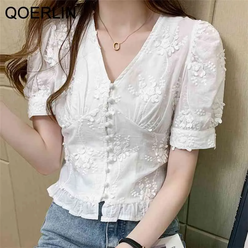 Botão de pérola branca camisa menina plus size verão retro curto v-pescoço de decote manga lace mulheres bordados tops 210601